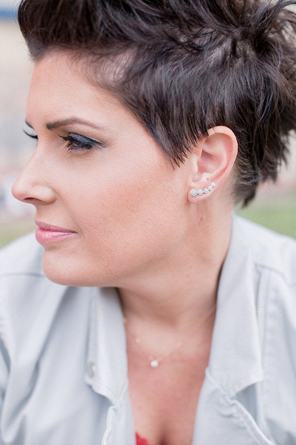 Jenny wearing Center Of My World Five-Diamond Graduating Climber Earrings in White Gold